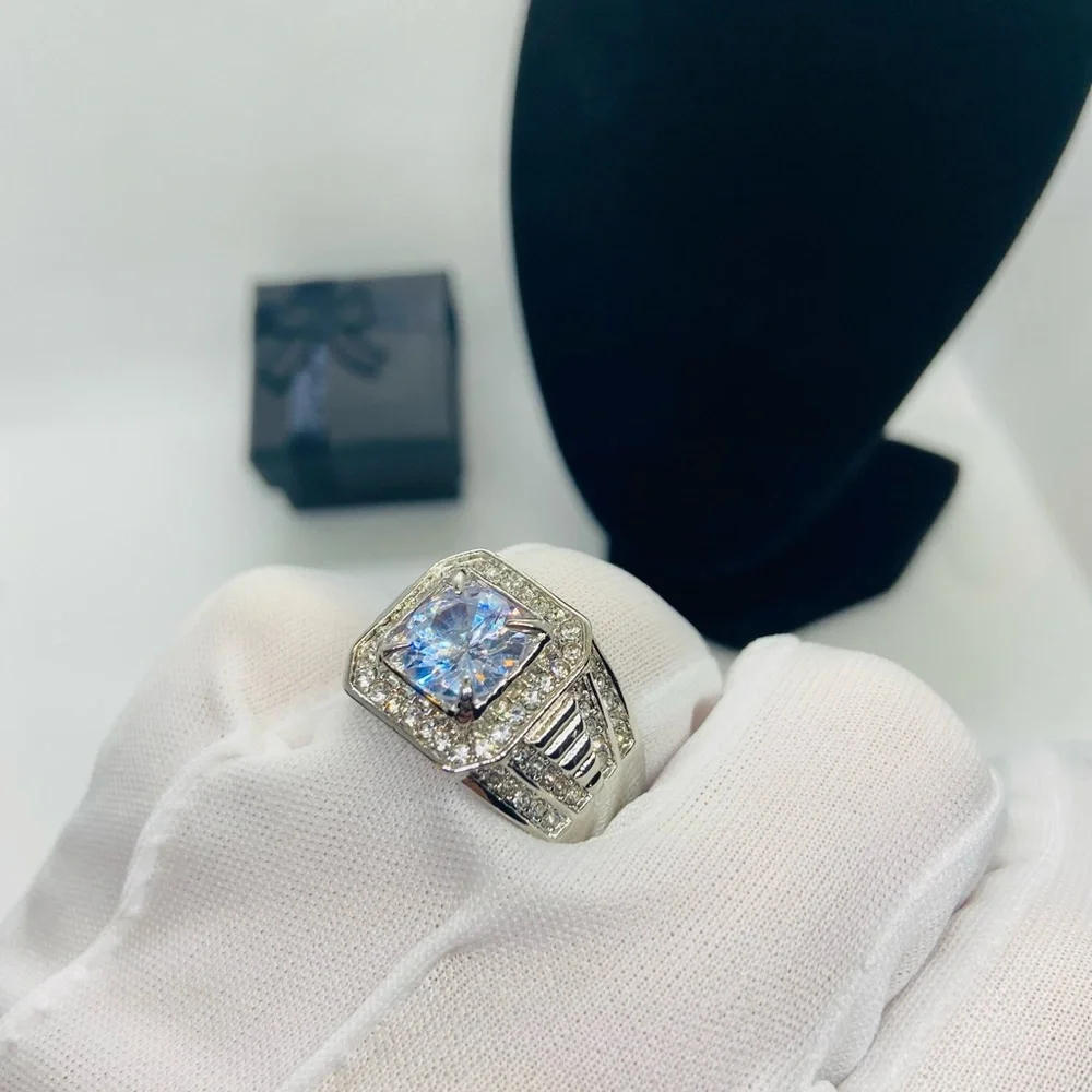NEW Men Silver Square Diamond Wide Band Ring - Picture 7 of 11
